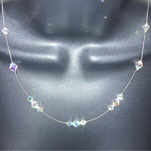 Vintage Aurora Borealis Faceted Crystal Silver Y2K Necklace Cocktail Jewelry